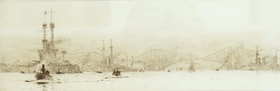 William Lionel Wyllie (1851-1931), Forth Bridge, signed in pencil to the margin, etching, 12 x 34cm